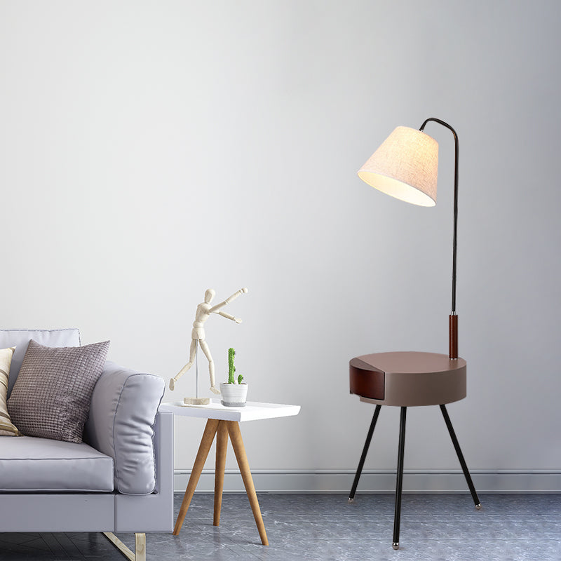Tripod Table Floor Lighting Modern Metallic Single Head Black/Grey/White and Wood Stand Lamp with Fabric Shade Clearhalo 'Floor Lamps' 'Lamps' Lighting' 960080