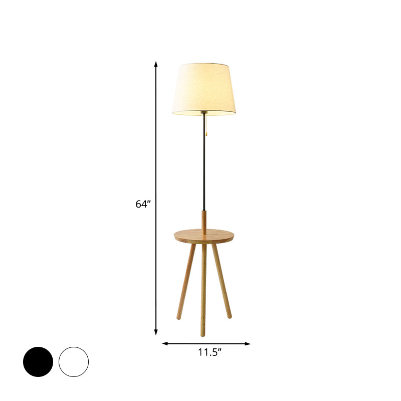 Modern Barrel Standard Light Fabric Single Light Living Room Floor Desk Lamp with Pull Chain in Black/White and Wood Clearhalo 'Floor Lamps' 'Lamps' Lighting' 960085