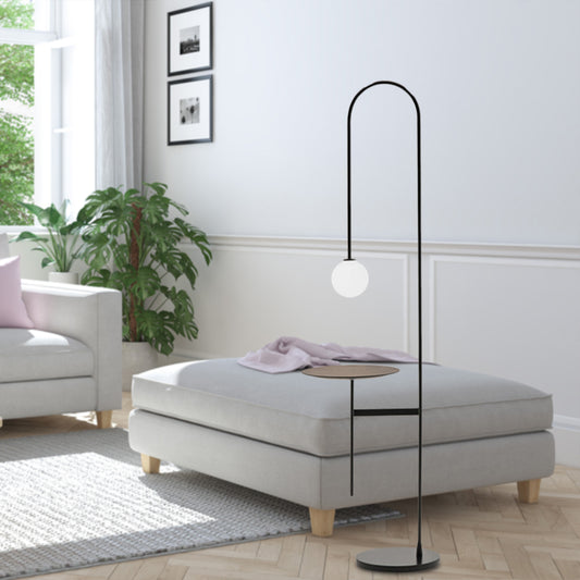 Arced Arm Iron Stand Desk Light Minimalist 1 Light Black Finish Stand Lamp with Orb White Glass Shade Clearhalo 'Floor Lamps' 'Lamps' Lighting' 960139