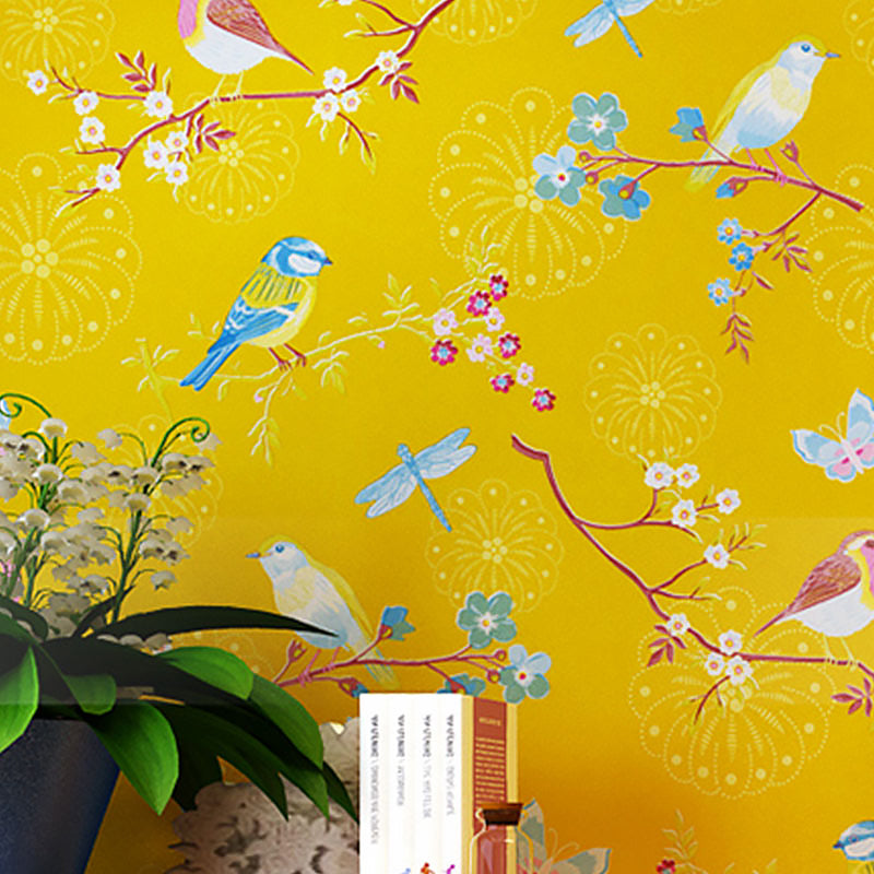 Non-woven Wall Decor Non-Pasted Dragonfly and Flower Wallpaper for Accent Wall Yellow Clearhalo 'Country wall decor' 'Rustic' 'Wallpaper' Wall Decor' 960142