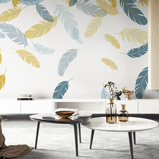 Minimalist Feather Wall Decor Blue and Yellow Living Room Wall Mural, Full Size