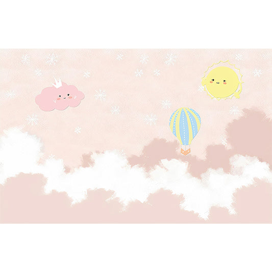 Full Illustration Minimalist Mural Wallpaper for Children with Balloon and Cloud in Pink and White