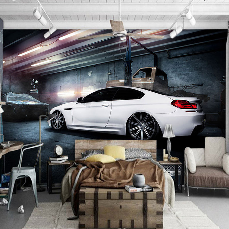 Original Car and Factory Mural White and Blue Wall Car Shop Wall Decor, Custom Size Available Gray-White A Clearhalo 'Wall Decor' 'Wall Mural' 961644