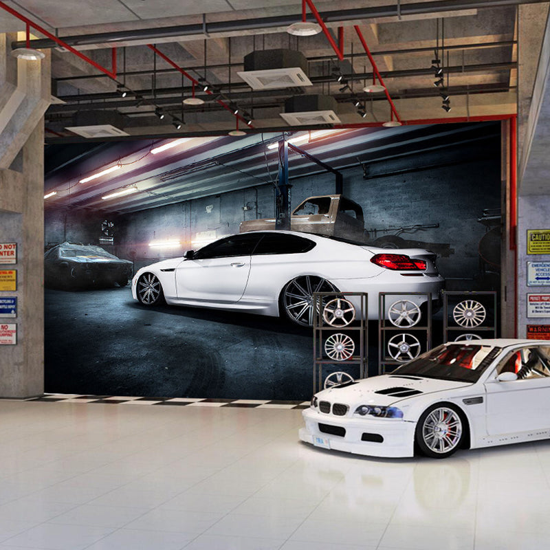 Original Car and Factory Mural White and Blue Wall Car Shop Wall Decor, Custom Size Available Clearhalo 'Wall Decor' 'Wall Mural' 961645