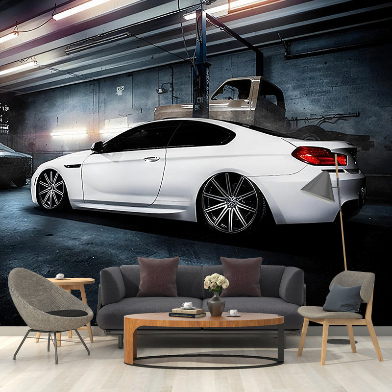 Original Car and Factory Mural White and Blue Wall Car Shop Wall Decor, Custom Size Available Clearhalo 'Wall Decor' 'Wall Mural' 961646