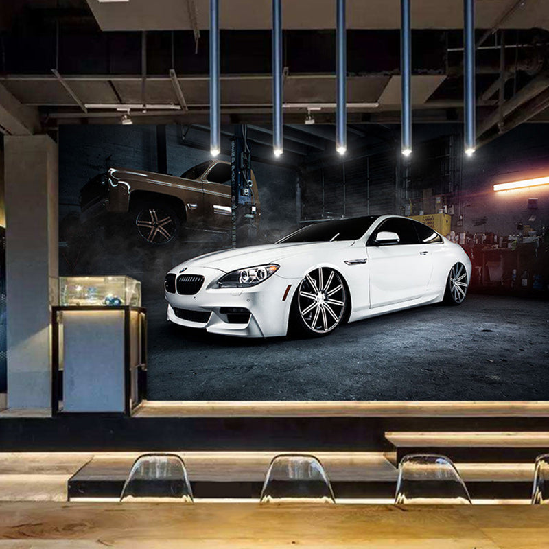 Original Car and Factory Mural White and Blue Wall Car Shop Wall Decor, Custom Size Available Gray-White B Clearhalo 'Wall Decor' 'Wall Mural' 961650