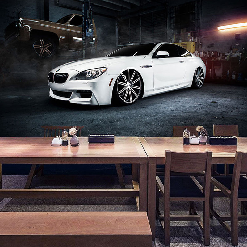 Original Car and Factory Mural White and Blue Wall Car Shop Wall Decor, Custom Size Available Clearhalo 'Wall Decor' 'Wall Mural' 961651