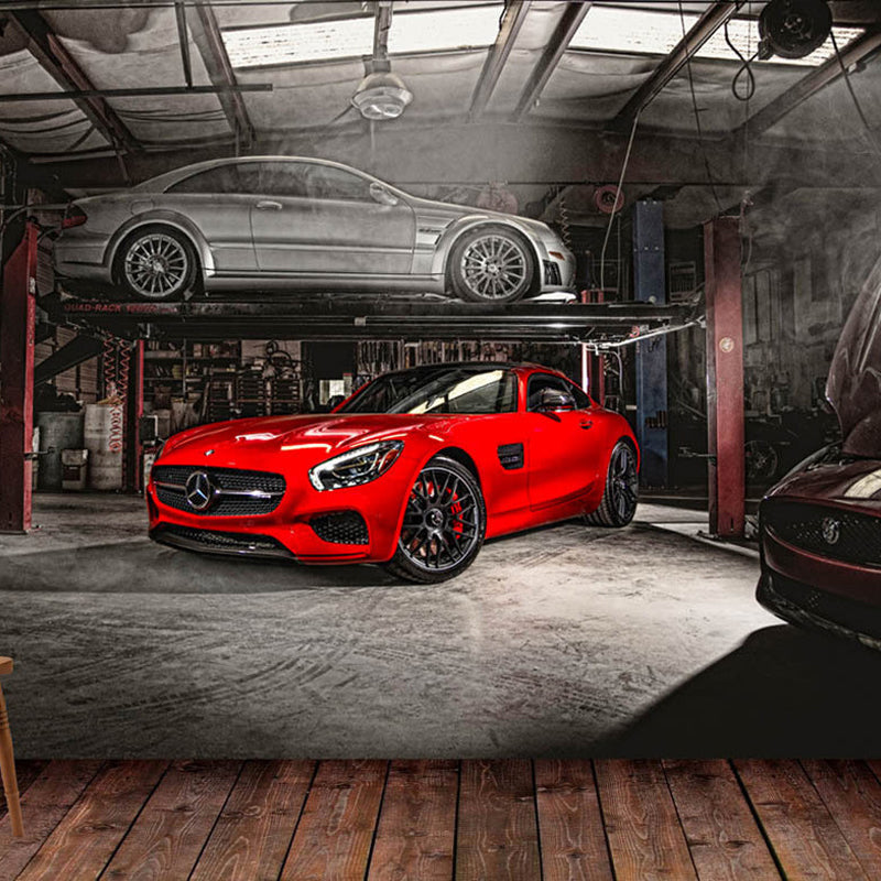 Red Car and Factory Wall Mural Stain-Resistant Wall Art for Car Shop Black-Red A Clearhalo 'Wall Decor' 'Wall Mural' 961656