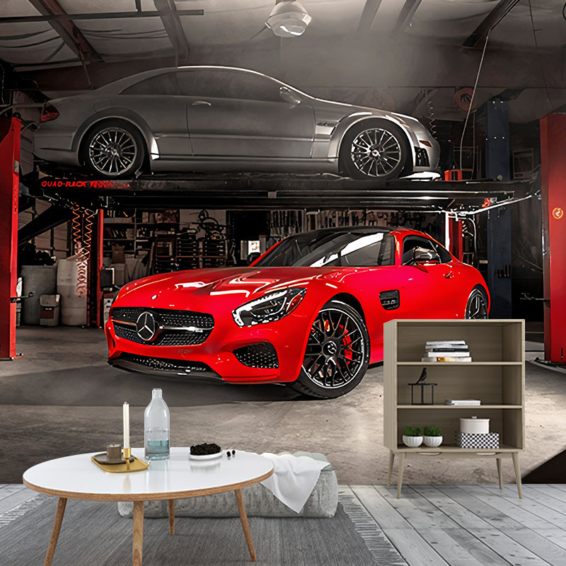Red Car and Factory Wall Mural Stain-Resistant Wall Art for Car Shop Clearhalo 'Wall Decor' 'Wall Mural' 961657