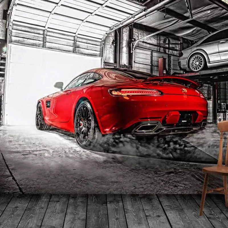 Red Car and Factory Wall Mural Stain-Resistant Wall Art for Car Shop Black-Red B Clearhalo 'Wall Decor' 'Wall Mural' 961662