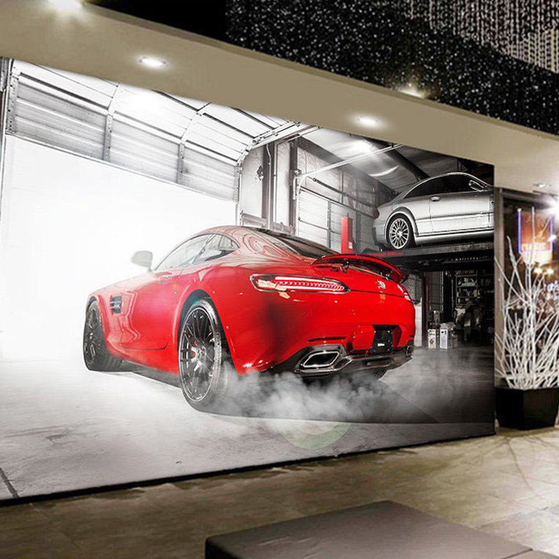Red Car and Factory Wall Mural Stain-Resistant Wall Art for Car Shop Clearhalo 'Wall Decor' 'Wall Mural' 961664
