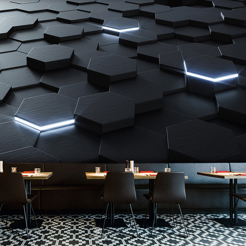 Whole Photo Style Mural Wallpaper with 3D Effect Hexagon in Dark Color for Living Room, Made to Measure Black Clearhalo 'Wall Decor' 'Wall Mural' 961704