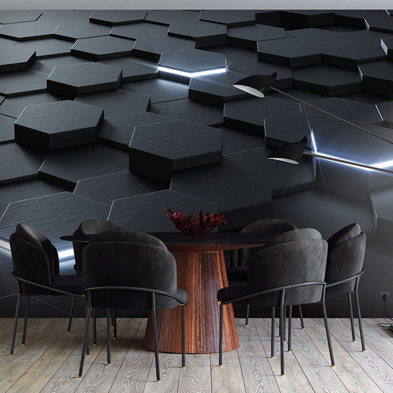 Whole Photo Style Mural Wallpaper with 3D Effect Hexagon in Dark Color for Living Room, Made to Measure Clearhalo 'Wall Decor' 'Wall Mural' 961705