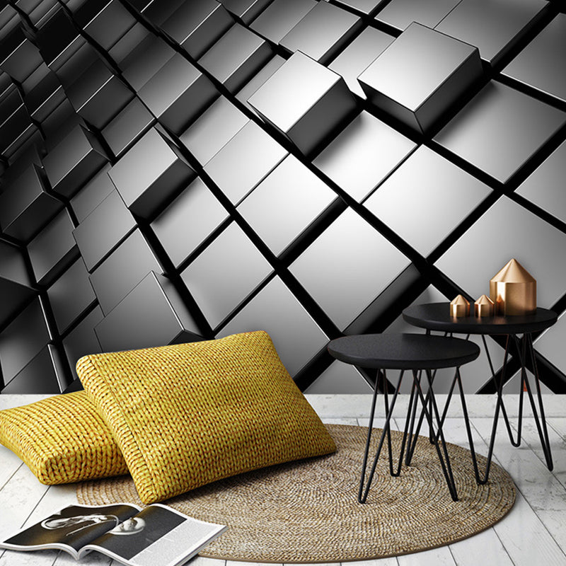 Whole Photo Style Mural Wallpaper with 3D Effect Hexagon in Dark Color for Living Room, Made to Measure Silver Gray Clearhalo 'Wall Decor' 'Wall Mural' 961710