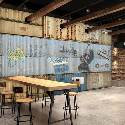 Extra Large Vintage Wall Decor Blue Container and Music Mural, Custom Size Available Blue Clearhalo 'Wall Decor' 'Wall Mural' 961788