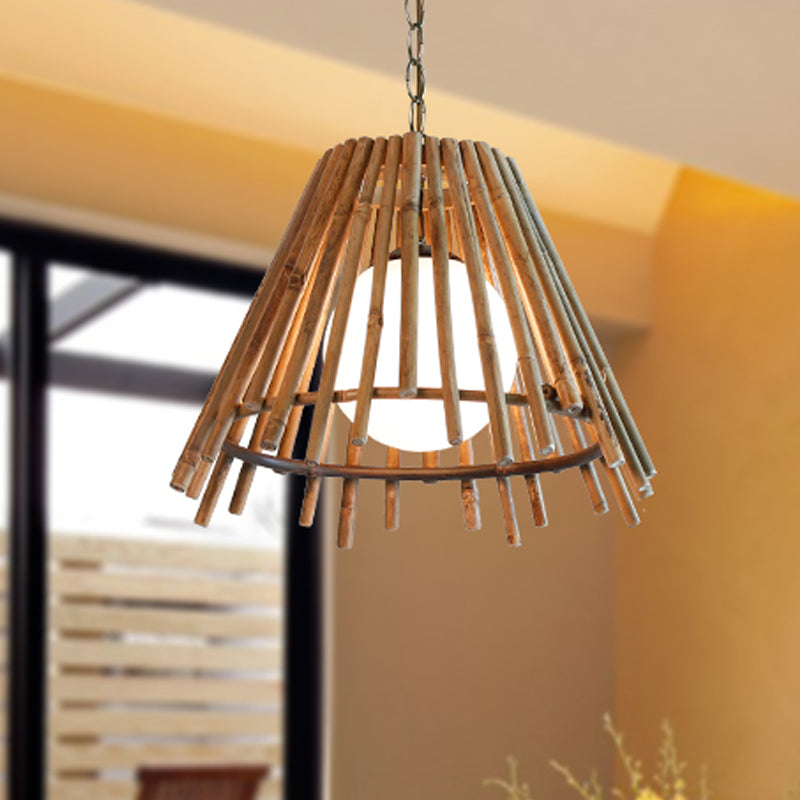Bamboo Stick Cone Shade Ceiling Light Vintage One LED Bulb Natural Wood Suspension Lamp with Adjustable Cord Clearhalo 'Ceiling Lights' 'Modern Pendants' 'Modern' 'Pendant Lights' 'Pendants' Lighting' 962060