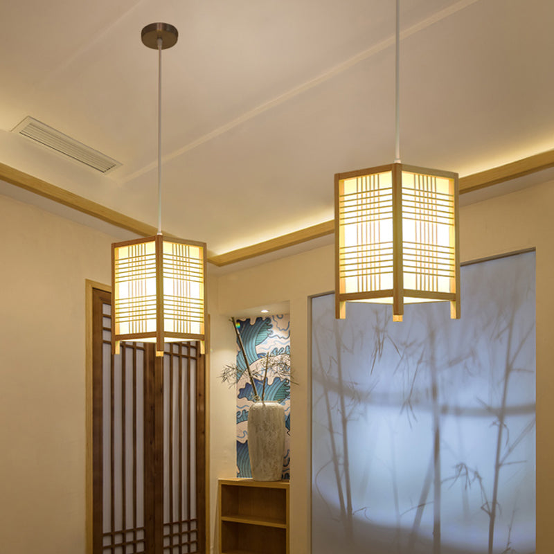 6"/8.5" Wide Wooden Square Hanging Lantern Light Japanese 1-Light Natural Wood Pendant Lamp for Foyer Dining Room Clearhalo 'Ceiling Lights' 'Pendant Lights' 'Pendants' Lighting' 962074