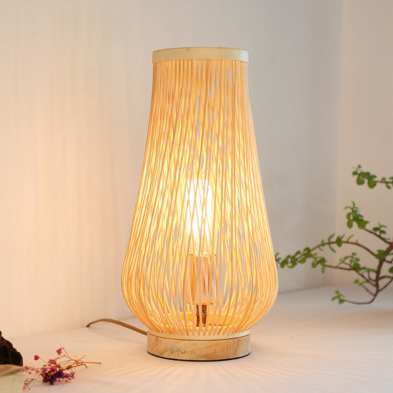 Single Head Bedroom Table Lamp Asian Style Beige Desk Light with Teardrop Bamboo Shade Clearhalo 'Lamps' 'Table Lamps' Lighting' 962097
