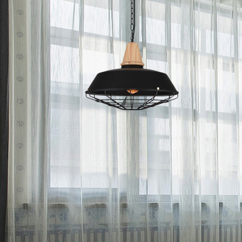 10"/14"/18" W 1 Head Ceiling Hanging Light with Barn and Wire Guard Metallic Retro Style Restaurant Pendant Light in Black Clearhalo 'Art Deco Pendants' 'Black' 'Cast Iron' 'Ceiling Lights' 'Ceramic' 'Crystal' 'Industrial Pendants' 'Industrial' 'Metal' 'Middle Century Pendants' 'Pendant Lights' 'Pendants' 'Rustic Pendants' 'Tiffany' Lighting' 962142