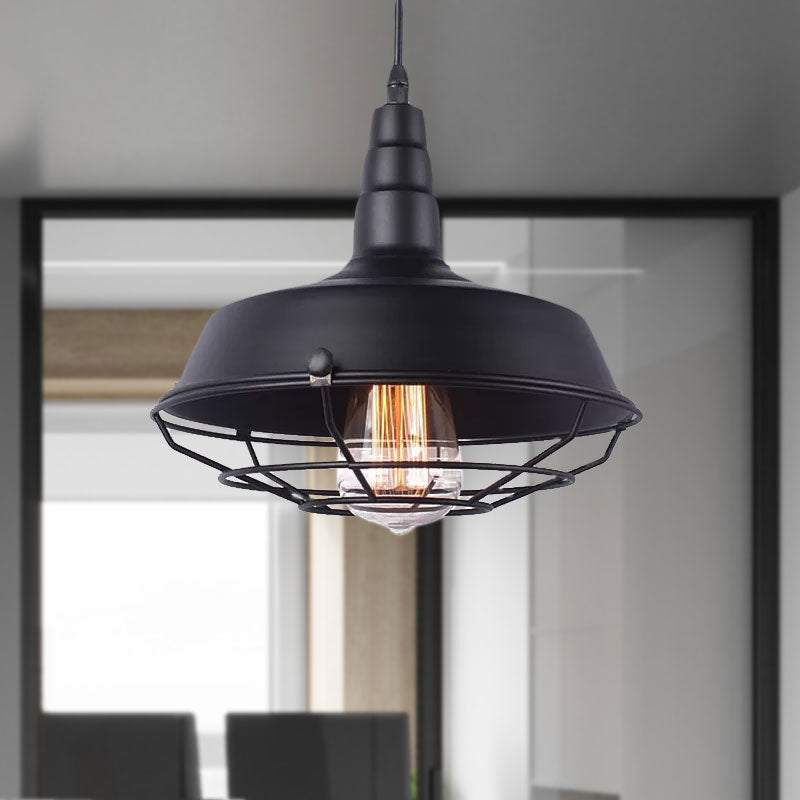 White Inner/Black Wire Guard Pendant Lighting with Barn Shade Vintage Wrought Iron 1 Light Kitchen Suspended Light Clearhalo 'Art Deco Pendants' 'Black' 'Cast Iron' 'Ceiling Lights' 'Ceramic' 'Crystal' 'Industrial Pendants' 'Industrial' 'Metal' 'Middle Century Pendants' 'Pendant Lights' 'Pendants' 'Rustic Pendants' 'Tiffany' Lighting' 962148