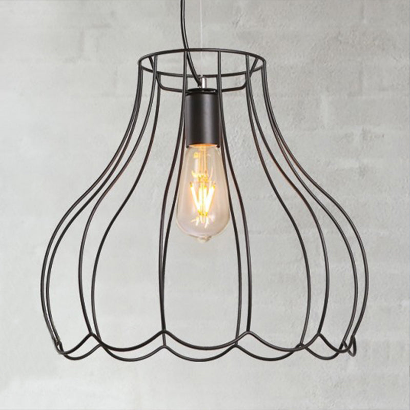 1 Light Conical Cage Suspension Light with Ruffled Edge Industrial Black Metallic Pendant Lighting, 10.5"/12.5" Width Clearhalo 'Art Deco Pendants' 'Black' 'Cast Iron' 'Ceiling Lights' 'Ceramic' 'Crystal' 'Industrial Pendants' 'Industrial' 'Metal' 'Middle Century Pendants' 'Pendant Lights' 'Pendants' 'Rustic Pendants' 'Tiffany' Lighting' 962245
