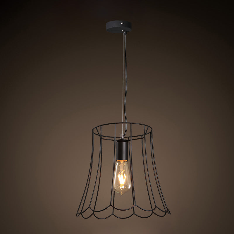 1 Light Conical Cage Suspension Light with Ruffled Edge Industrial Black Metallic Pendant Lighting, 10.5"/12.5" Width Clearhalo 'Art Deco Pendants' 'Black' 'Cast Iron' 'Ceiling Lights' 'Ceramic' 'Crystal' 'Industrial Pendants' 'Industrial' 'Metal' 'Middle Century Pendants' 'Pendant Lights' 'Pendants' 'Rustic Pendants' 'Tiffany' Lighting' 962248