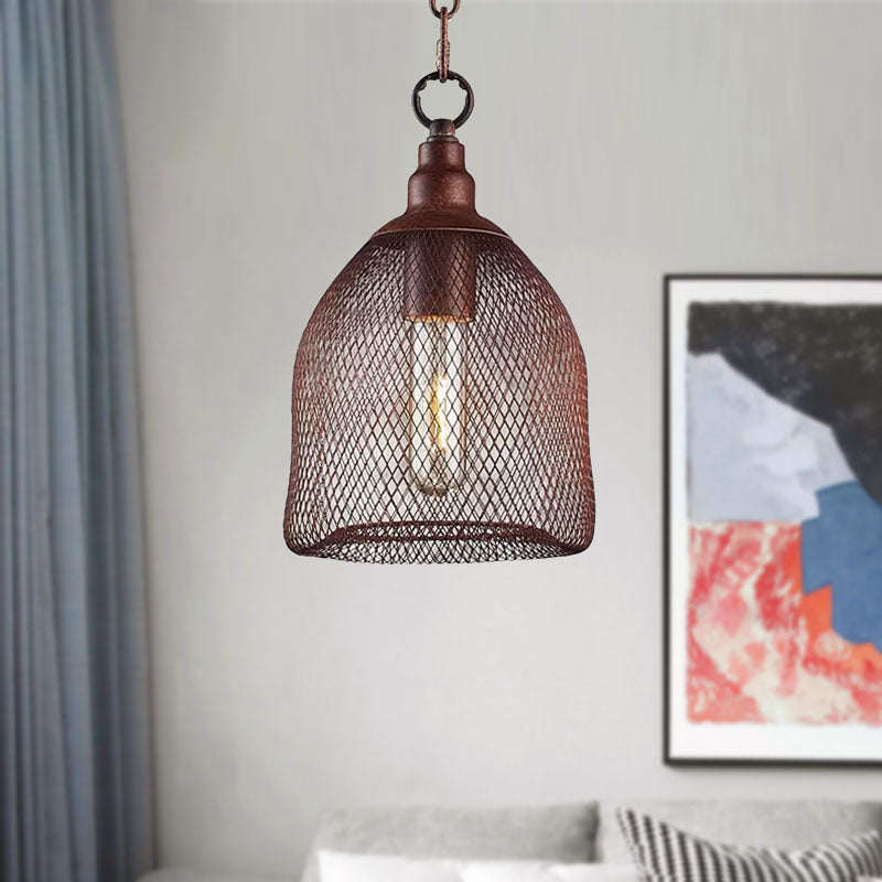 Bird Caged Metal Pendant Lighting Fixture Industrial One Bulb Dining Room Hanging Lamp in Rust, 6.5"/10" W Clearhalo 'Art Deco Pendants' 'Cast Iron' 'Ceiling Lights' 'Ceramic' 'Crystal' 'Industrial Pendants' 'Industrial' 'Metal' 'Middle Century Pendants' 'Pendant Lights' 'Pendants' 'Tiffany' Lighting' 962275