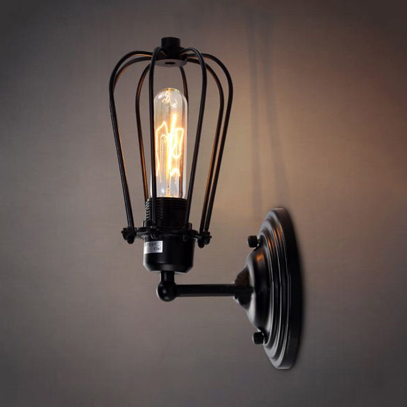 1 Light Mini Wall Light Sconce with Wire Frame Industrial Black Iron Wall Mount Lamp for Corridor Clearhalo 'Art deco wall lights' 'Cast Iron' 'Glass' 'Industrial wall lights' 'Industrial' 'Middle century wall lights' 'Modern' 'Rustic wall lights' 'Tiffany' 'Traditional wall lights' 'Wall Lamps & Sconces' 'Wall Lights' Lighting' 962286