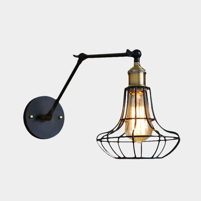 Black Globe/Teardrop Wall Sconce Lighting with Cage Shade Retro Metal 1 Light Arm Adjustable Wall Mount Light Clearhalo 'Art deco wall lights' 'Cast Iron' 'Glass' 'Industrial wall lights' 'Industrial' 'Middle century wall lights' 'Modern' 'Rustic wall lights' 'Tiffany' 'Traditional wall lights' 'Wall Lamps & Sconces' 'Wall Lights' Lighting' 962288