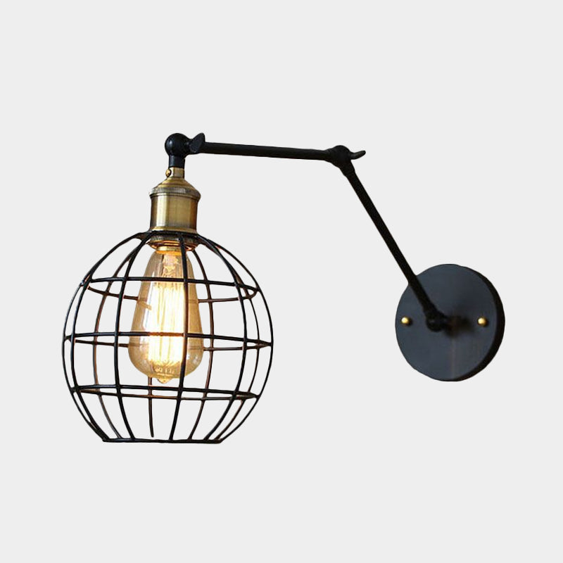 Black Globe/Teardrop Wall Sconce Lighting with Cage Shade Retro Metal 1 Light Arm Adjustable Wall Mount Light Clearhalo 'Art deco wall lights' 'Cast Iron' 'Glass' 'Industrial wall lights' 'Industrial' 'Middle century wall lights' 'Modern' 'Rustic wall lights' 'Tiffany' 'Traditional wall lights' 'Wall Lamps & Sconces' 'Wall Lights' Lighting' 962289