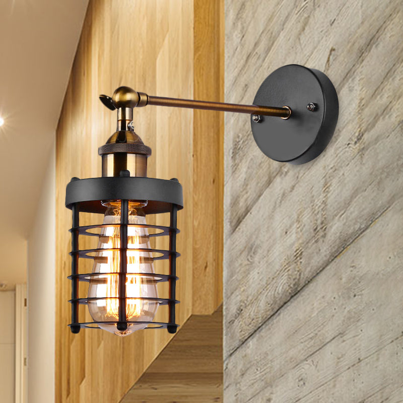 Metal Caged Wall Lighting Industrial Rustic 1 Light Indoor Mini Wall Mount Light with Cylindrical Shade Clearhalo 'Art deco wall lights' 'Cast Iron' 'Glass' 'Industrial wall lights' 'Industrial' 'Middle century wall lights' 'Modern' 'Rustic wall lights' 'Tiffany' 'Traditional wall lights' 'Wall Lamps & Sconces' 'Wall Lights' Lighting' 962293