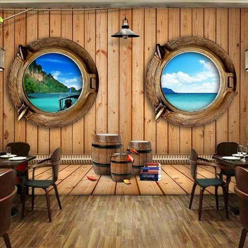 Decorative Seashore and Wood Mural Custom-Made Wall Decor for Coffee Shop Brown Clearhalo 'Wall Decor' 'Wall Mural' 962315