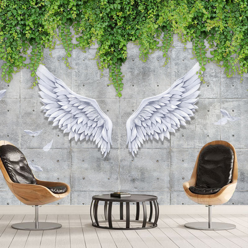 Simple Wing and Plant Mural in Grey and Green Living Room Wall Covering, Custom-Printed Gray-Green A Clearhalo 'Wall Decor' 'Wall Mural' 962393