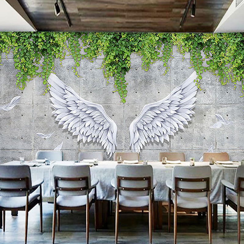 Simple Wing and Plant Mural in Grey and Green Living Room Wall Covering, Custom-Printed Clearhalo 'Wall Decor' 'Wall Mural' 962394