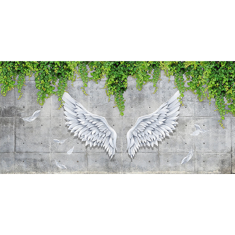 Simple Wing and Plant Mural in Grey and Green Living Room Wall Covering, Custom-Printed Clearhalo 'Wall Decor' 'Wall Mural' 962397