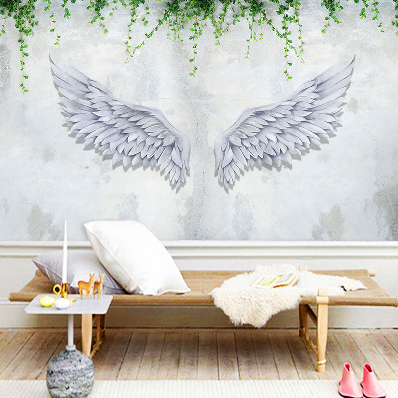 Simple Wing and Plant Mural in Grey and Green Living Room Wall Covering, Custom-Printed Gray-Green B Clearhalo 'Wall Decor' 'Wall Mural' 962399