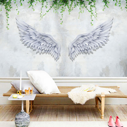 Simple Wing and Plant Mural in Grey and Green Living Room Wall Covering, Custom-Printed Gray-Green B Clearhalo 'Wall Decor' 'Wall Mural' 962399