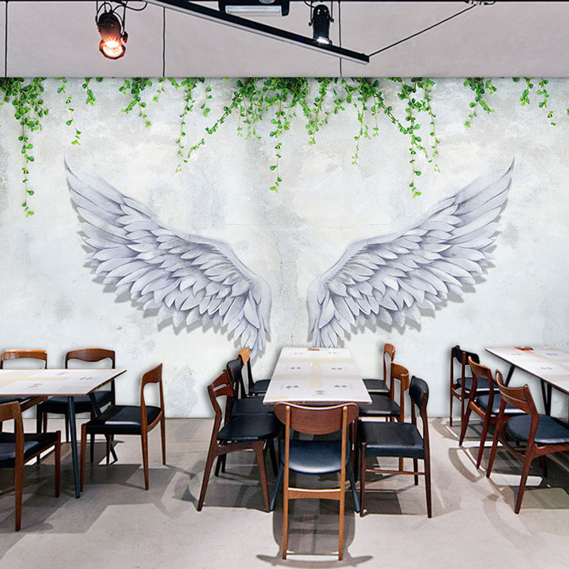 Simple Wing and Plant Mural in Grey and Green Living Room Wall Covering, Custom-Printed Clearhalo 'Wall Decor' 'Wall Mural' 962400