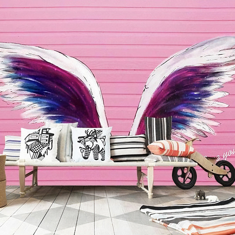 Illustration Wing and Stripe Mural Extra Large Wall Art for Girl's Bedroom, Personalized Size Available Pink Clearhalo 'Wall Decor' 'Wall Mural' 962411