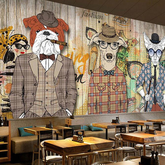 Big Cartoon Animal Wall Art for Accent Wall Faux Wood Mural in Brown, Stain-Resistant
