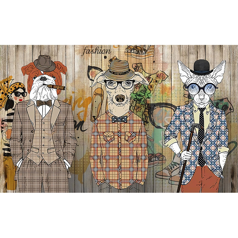 Big Cartoon Animal Wall Art for Accent Wall Faux Wood Mural in Brown, Stain-Resistant Clearhalo 'Wall Decor' 'Wall Mural' 962590