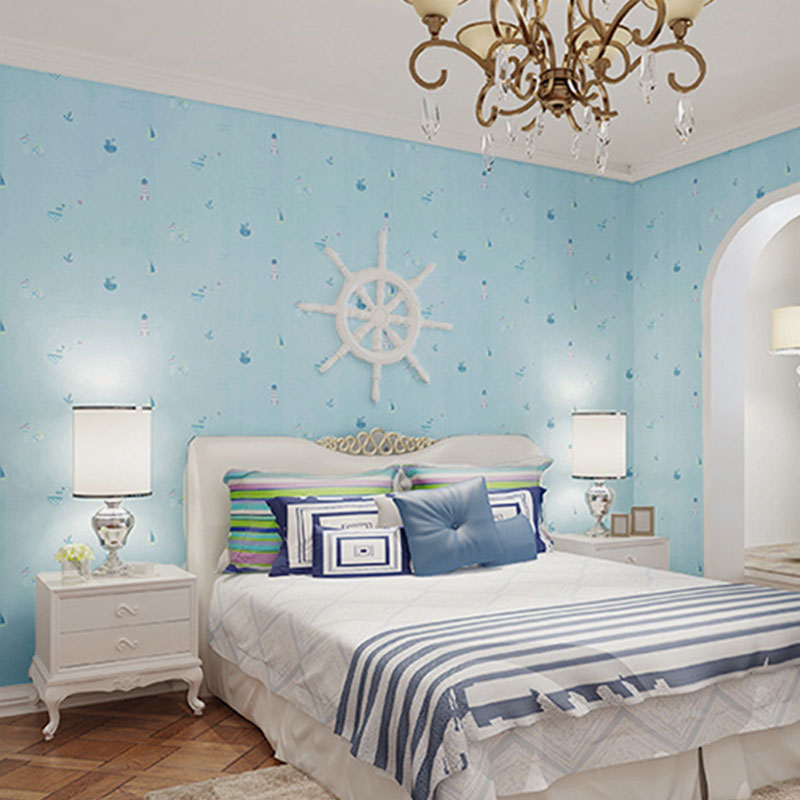 Decorative Sailing Boat Wallpaper Roll Non-Woven Material Contemporary Wall Art for Children, Easy to Remove Blue Clearhalo 'Wall Decor' 'Wallpaper' 962803