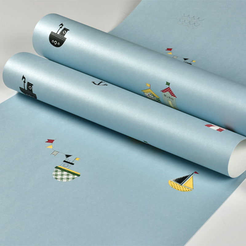 Decorative Sailing Boat Wallpaper Roll Non-Woven Material Contemporary Wall Art for Children, Easy to Remove Clearhalo 'Wall Decor' 'Wallpaper' 962804