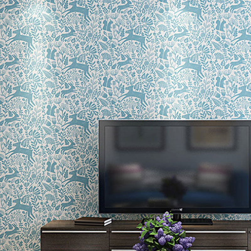 Simple Deer and Leaf Wallpaper for Children, 33-foot x 20.5-inch Wall Decor in Pastel Color Blue Clearhalo 'Wall Decor' 'Wallpaper' 962818