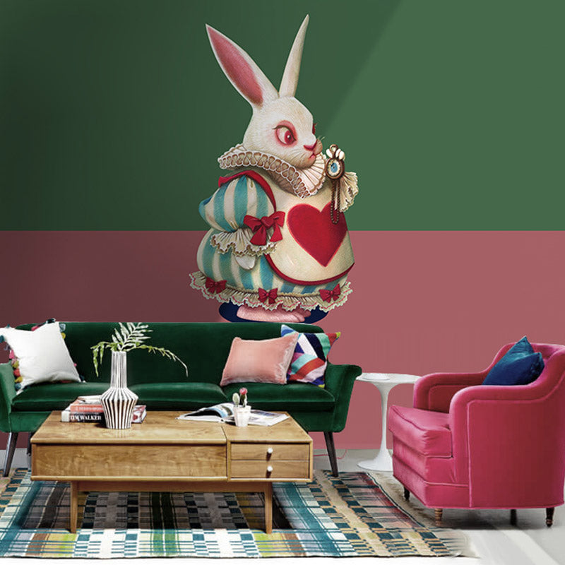Cute Rabbit Wall Decor Green and Red Minimalist Wall Mural for Children's Bedroom Clearhalo 'Wall Decor' 'Wall Mural' 962873