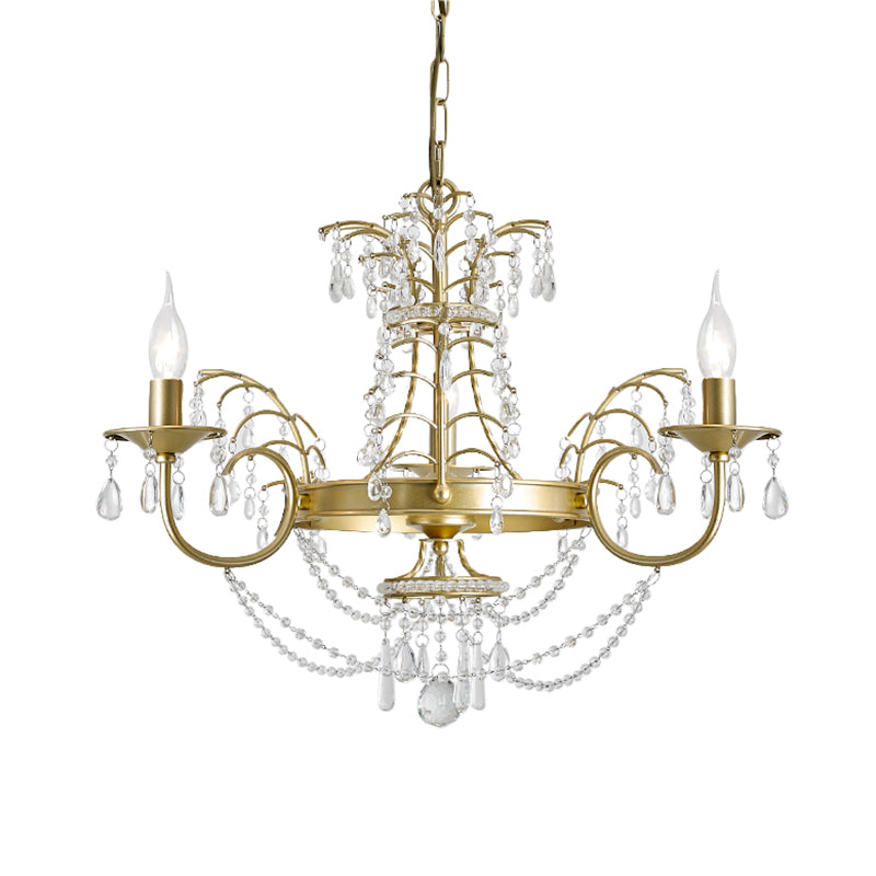 Candle Living Room Pendant Lamp Kit Modern Swag Crystal Strand 3 Bulbs Gold Hanging Chandelier Clearhalo 'Ceiling Lights' 'Chandeliers' 'Modern Chandeliers' 'Modern' Lighting' 963011
