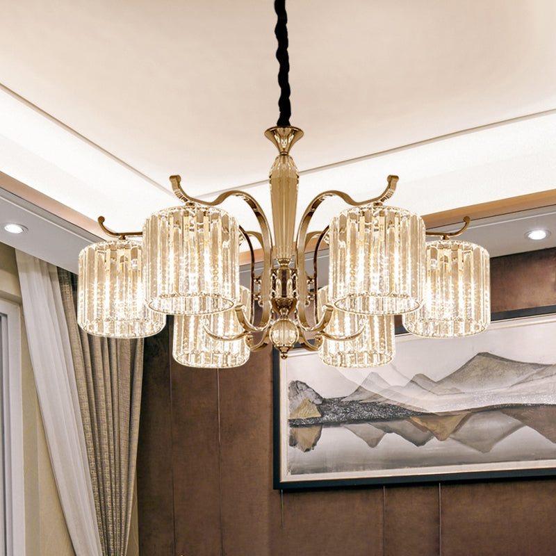 Modernist Cylindrical Suspension Light 6 Heads Clear Faceted Crystal Prism Chandelier Lamp Fixture Clear Clearhalo 'Ceiling Lights' 'Chandeliers' 'Clear' 'Industrial' 'Modern Chandeliers' 'Modern' 'Tiffany' 'Traditional Chandeliers' Lighting' 963046