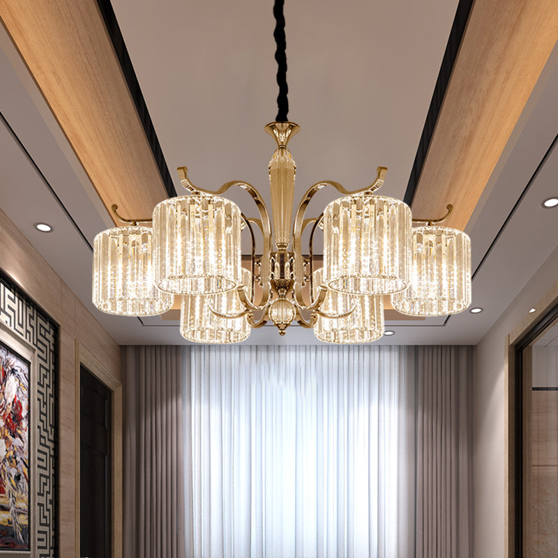 Modernist Cylindrical Suspension Light 6 Heads Clear Faceted Crystal Prism Chandelier Lamp Fixture Clearhalo 'Ceiling Lights' 'Chandeliers' 'Clear' 'Industrial' 'Modern Chandeliers' 'Modern' 'Tiffany' 'Traditional Chandeliers' Lighting' 963047