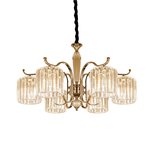 Modernist Cylindrical Suspension Light 6 Heads Clear Faceted Crystal Prism Chandelier Lamp Fixture Clearhalo 'Ceiling Lights' 'Chandeliers' 'Clear' 'Industrial' 'Modern Chandeliers' 'Modern' 'Tiffany' 'Traditional Chandeliers' Lighting' 963048