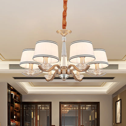 Fabric Barrel Ceiling Chandelier Modernist 6-Light Bedroom Suspension Lamp with Crystal Bobeche Gold Clearhalo 'Ceiling Lights' 'Chandeliers' 'Modern Chandeliers' 'Modern' Lighting' 963062